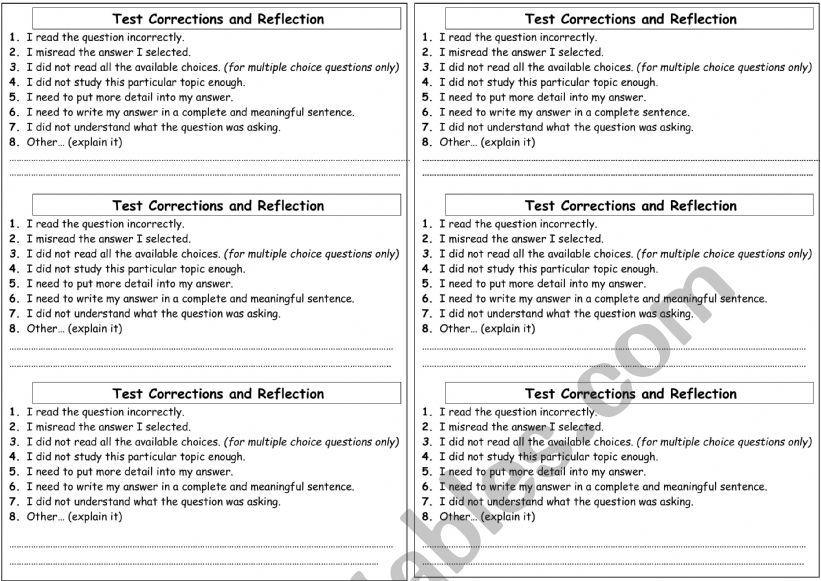 test reflection worksheet