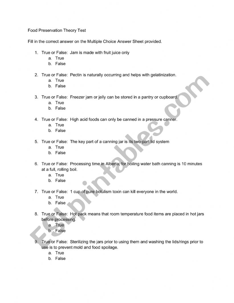 Food Preservation Theory Test worksheet