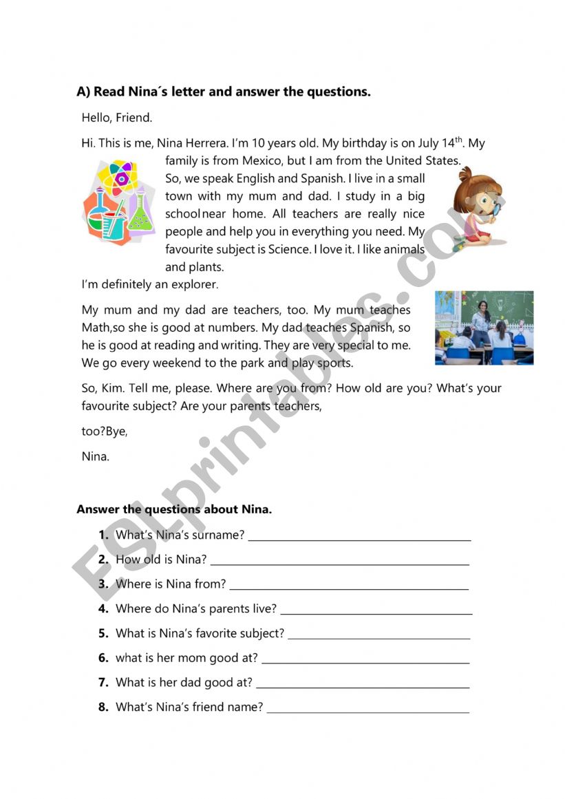 English worksheets: nina´s letter
