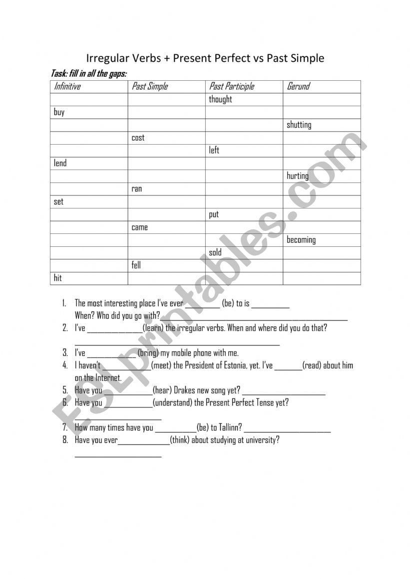 Irregular verbs test worksheet