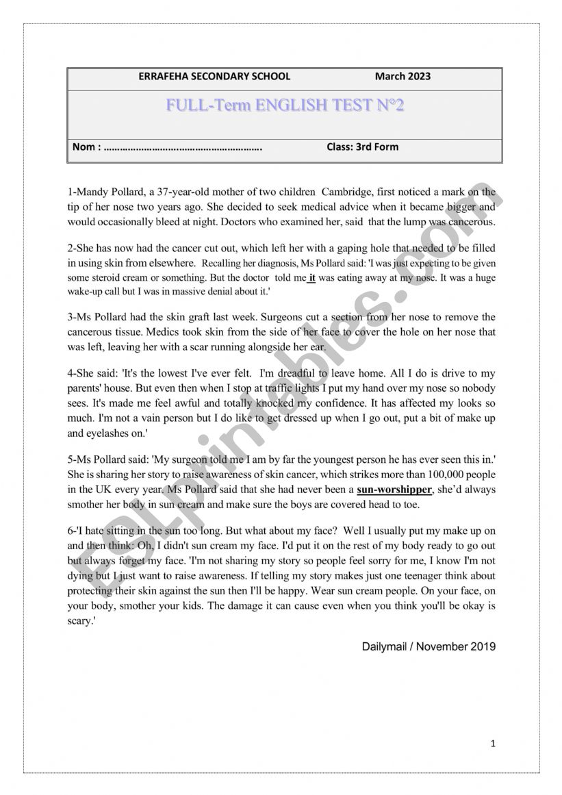 FULL-TERM TEST N°2 ESL Worksheet By Ftayma, 54% OFF