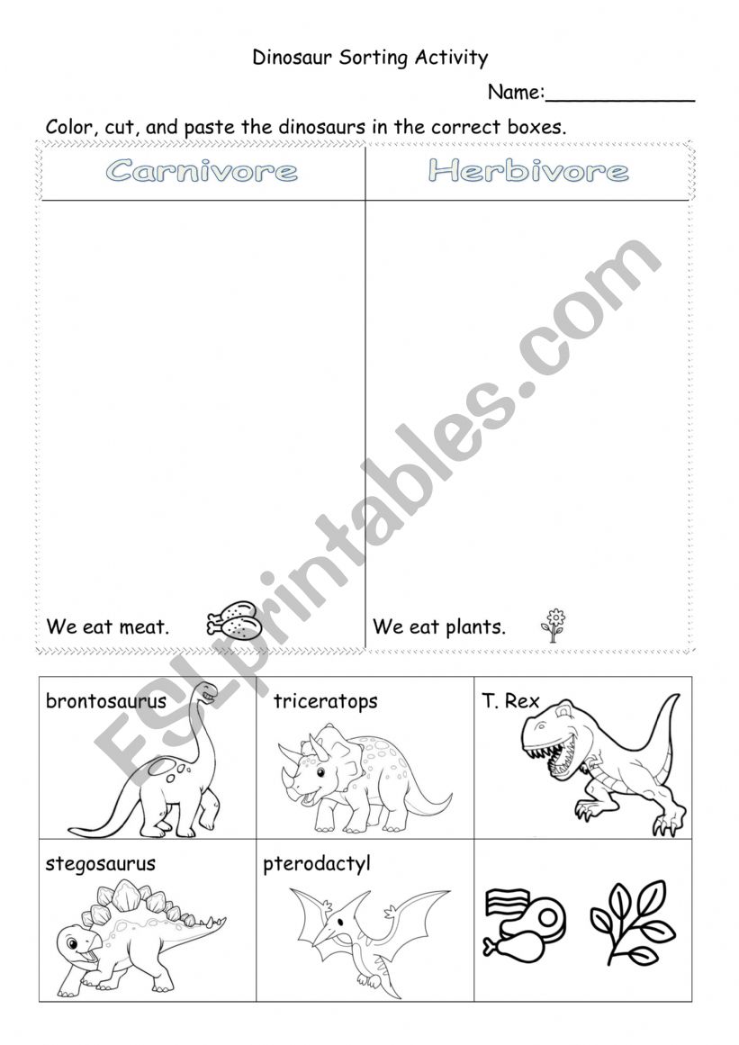 dinosaur sorting worksheet worksheet