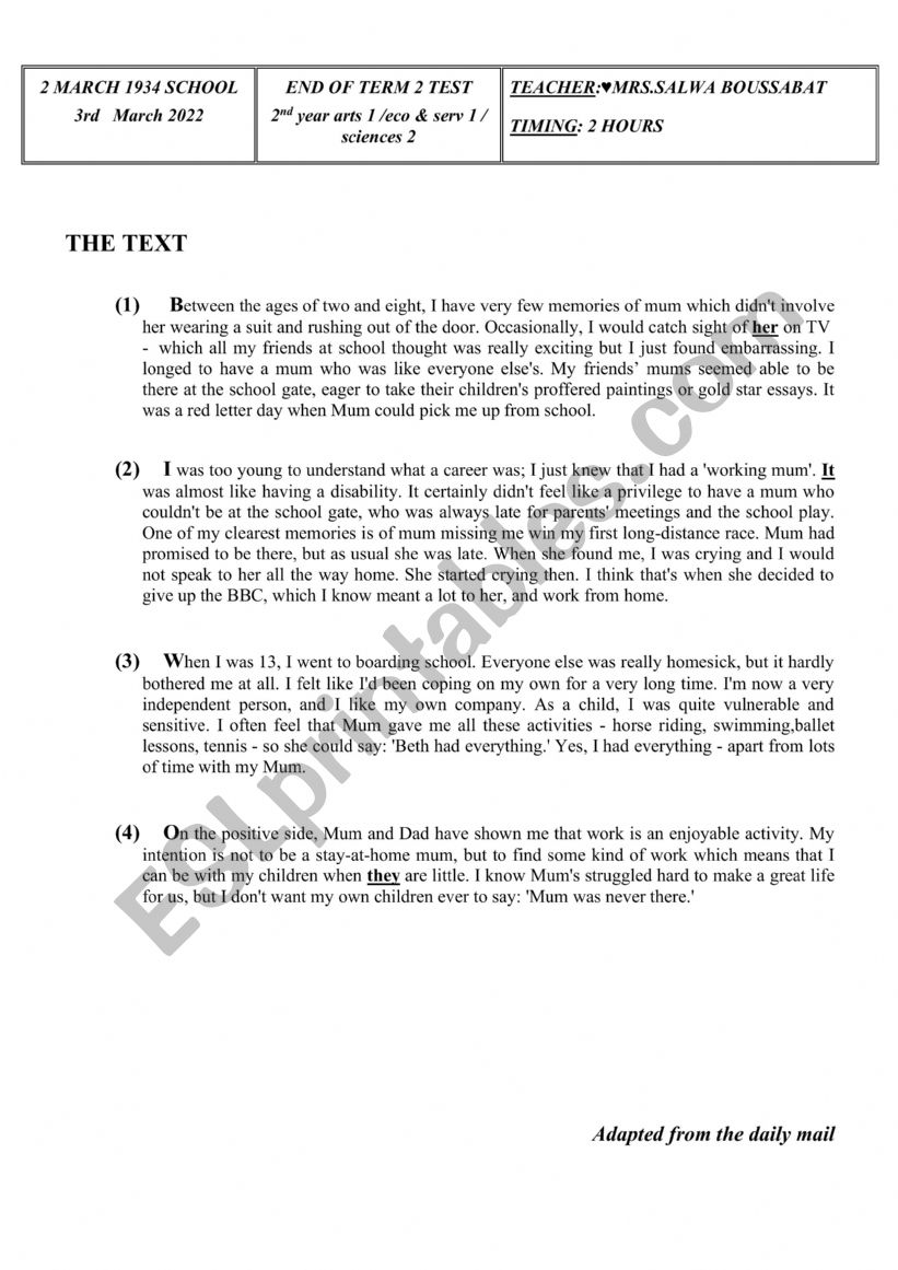 2nd year end of term 2 test  worksheet