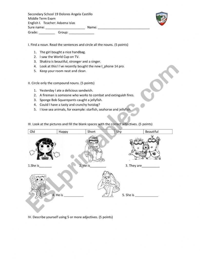 First grade exam worksheet