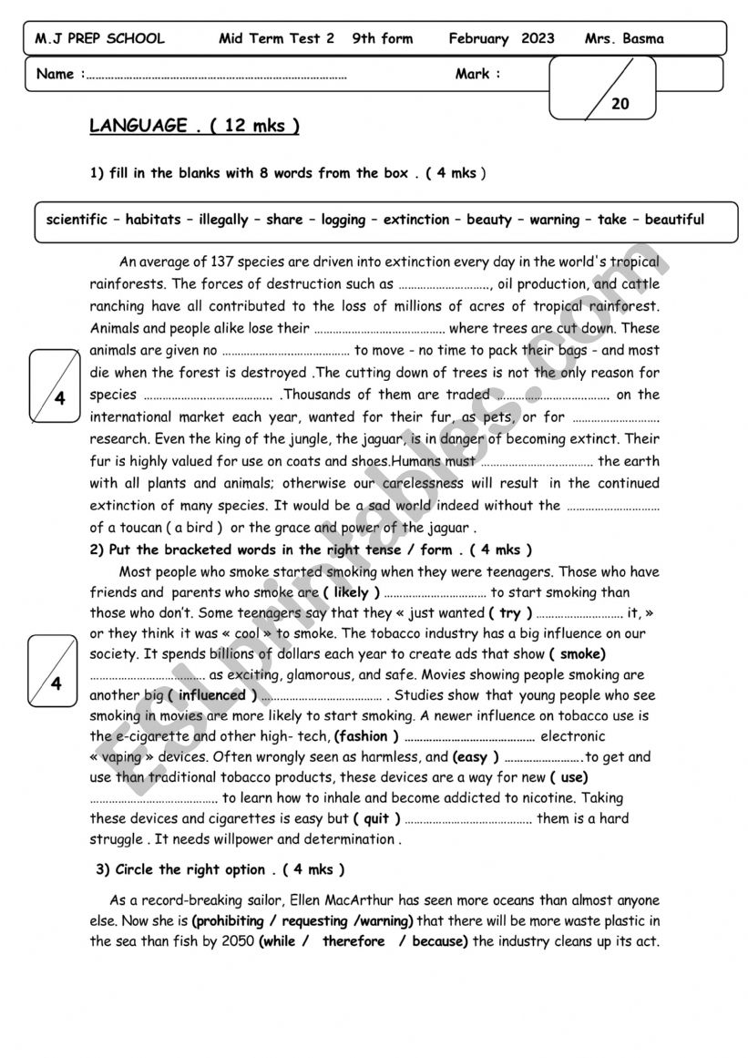 mid term test 2 9th form  worksheet