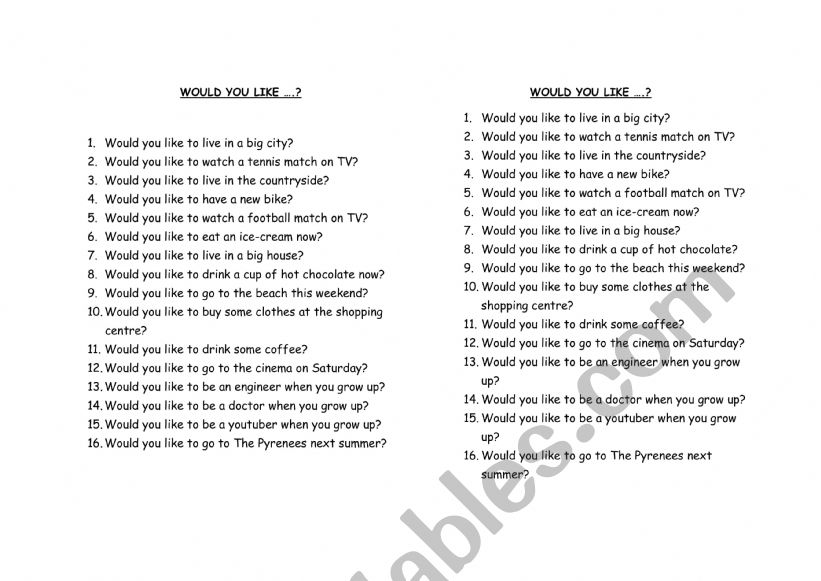 WOULD YOU LIKE TO....? worksheet