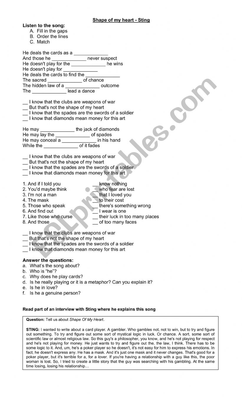 lyrics with task Sting worksheet