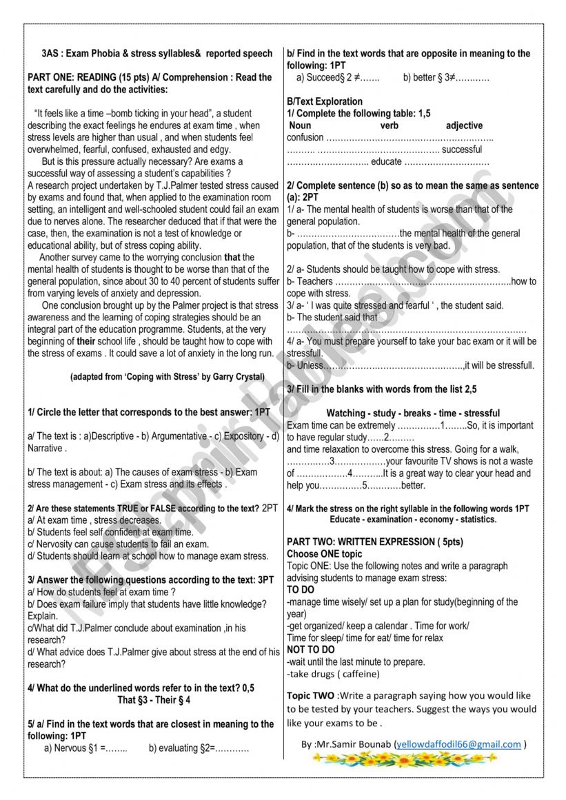 3AS EXAM PHOBIA worksheet