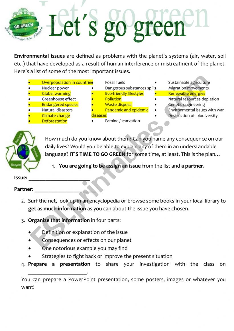 Environmental issues project worksheet