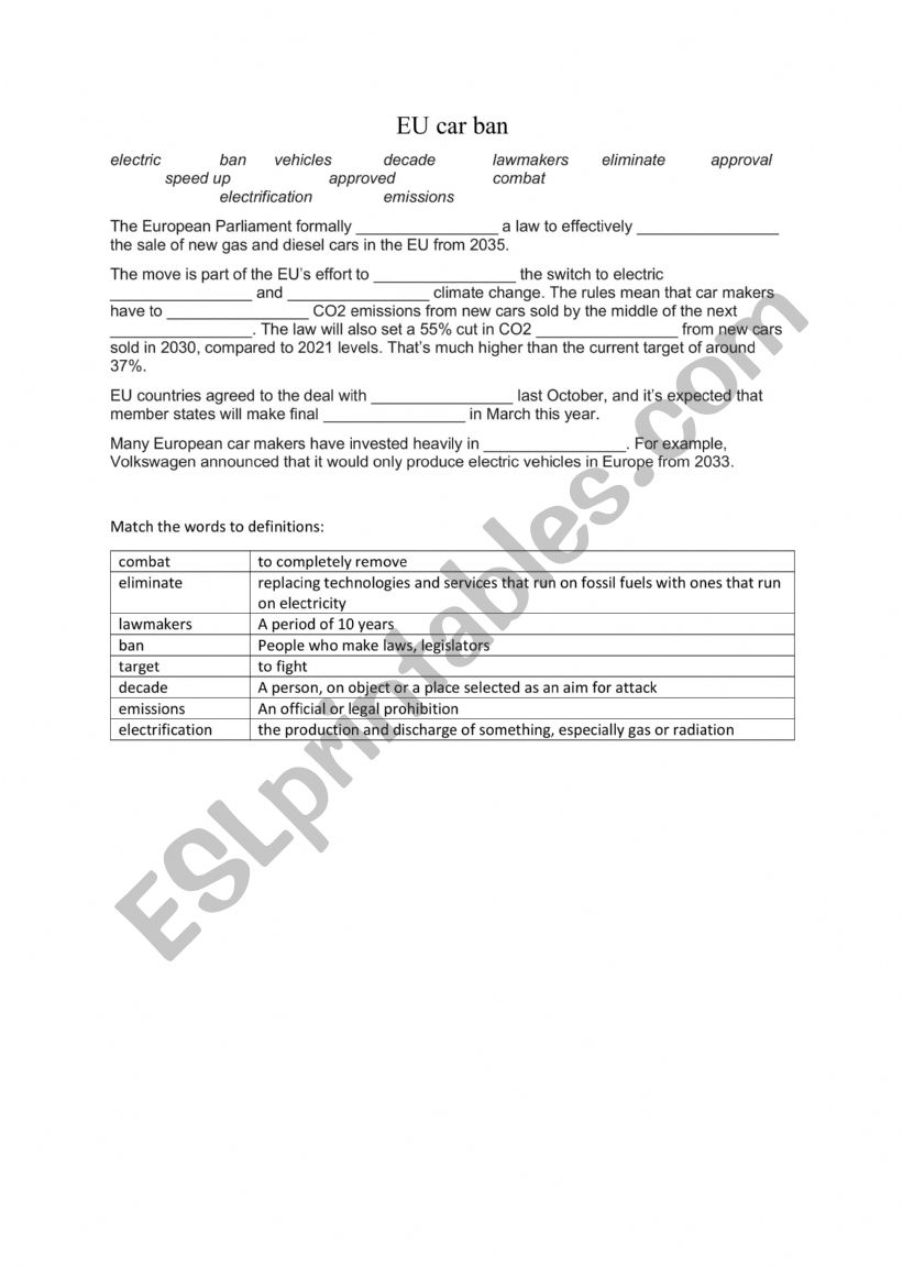 eu car ban - news report worksheet