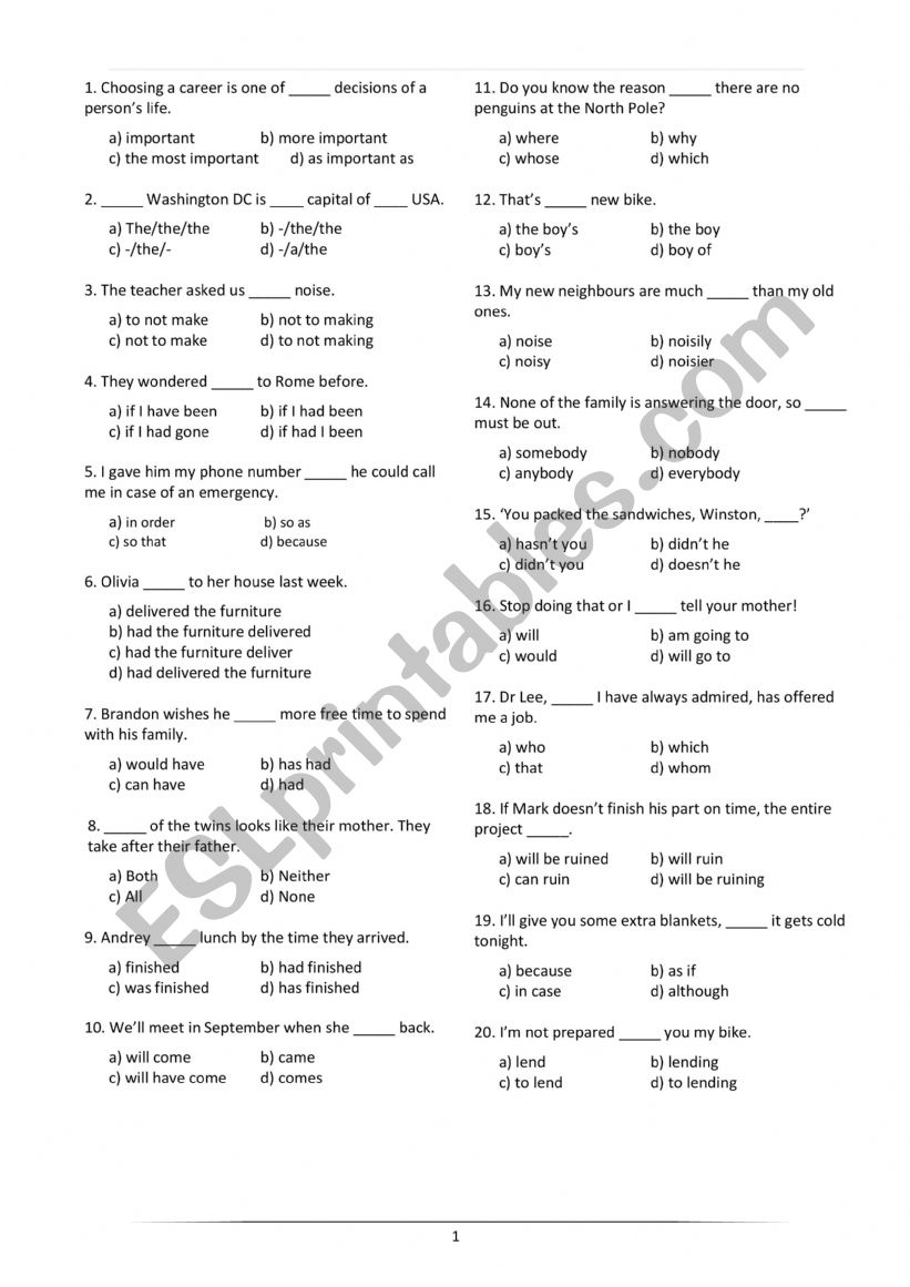 Test B1 Ingls worksheet