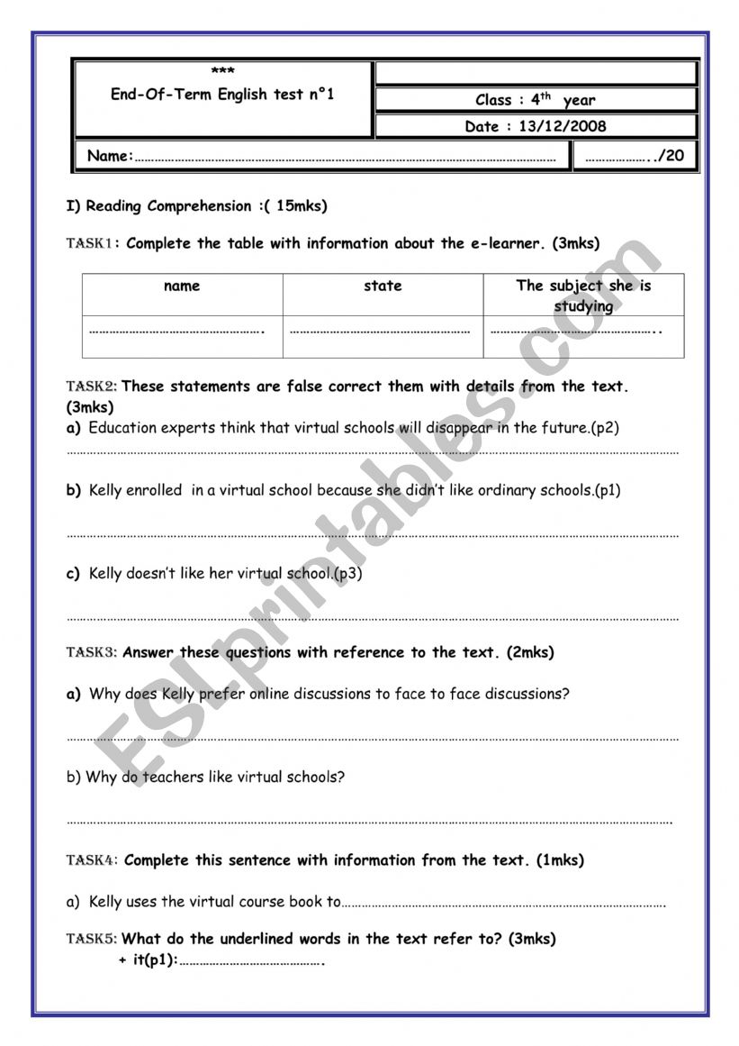 test reading worksheet