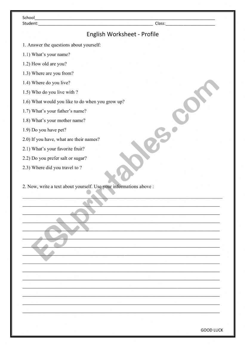 English profile worksheet