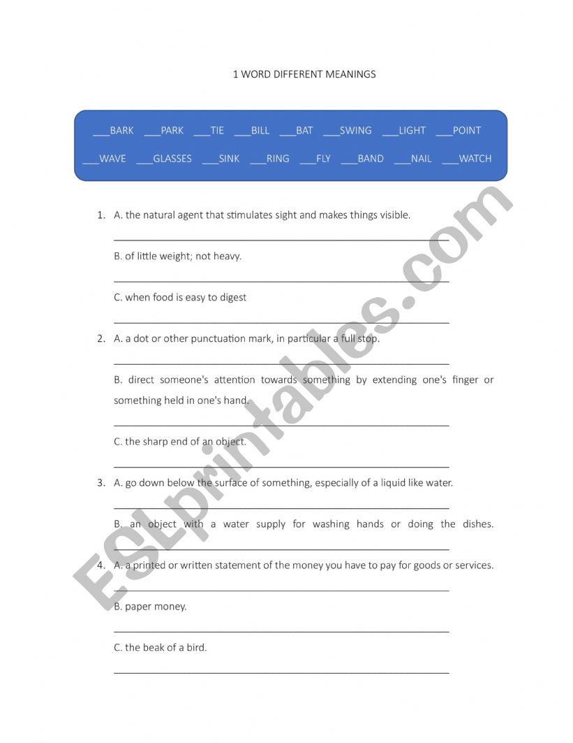 1 word different meanings worksheet