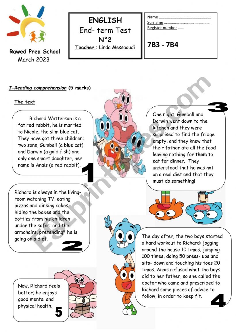 7th Form End Term Test N°2 Esl Worksheet By Paradise Lost 3674