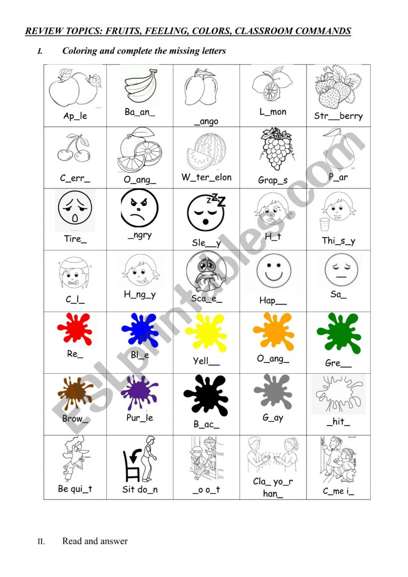 review colors, feeling, fruits, classroom command