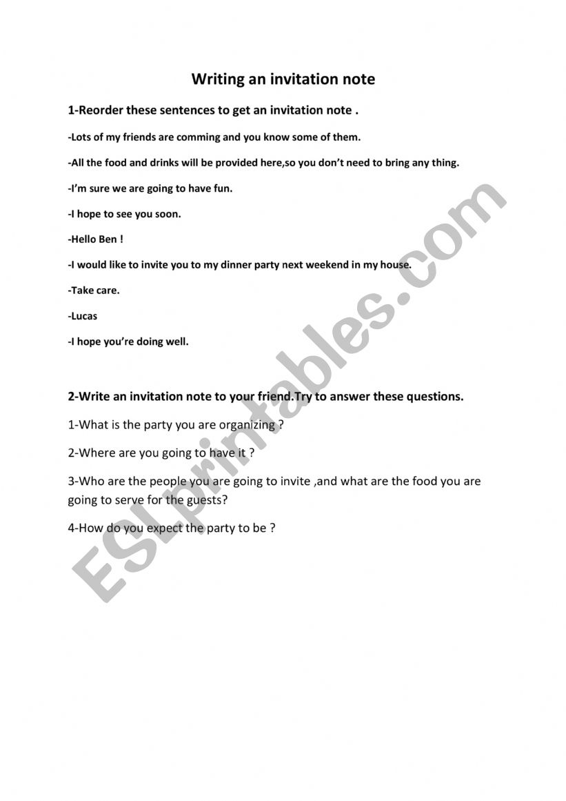 WRITING AN INVITATION NOTE worksheet