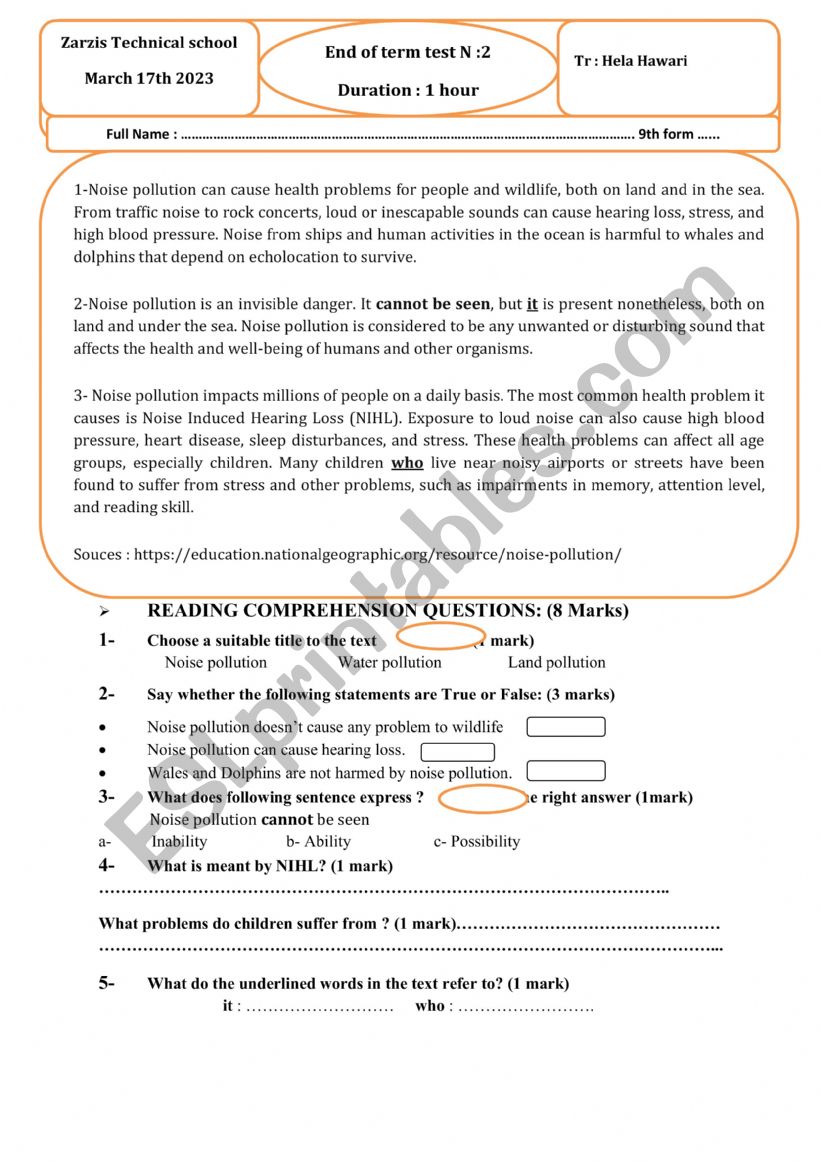 9th form end term test 2 technical schools