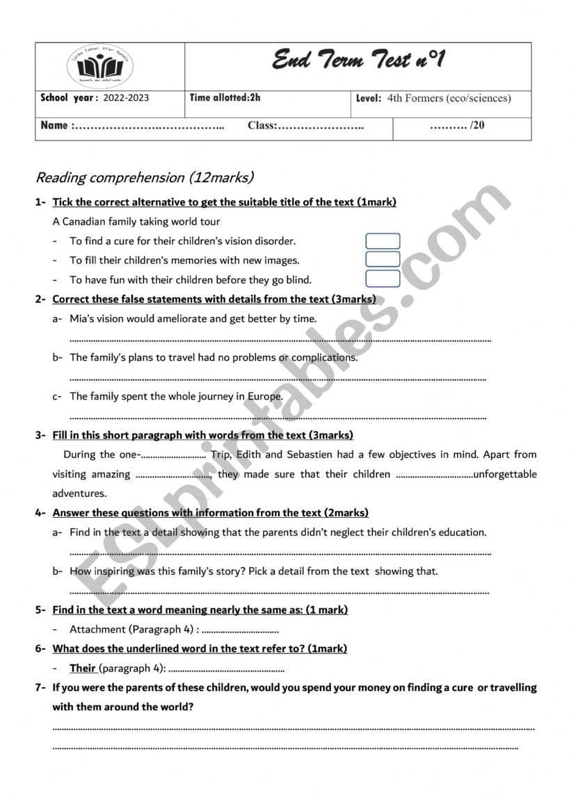 Bac End of Term Test n1  worksheet