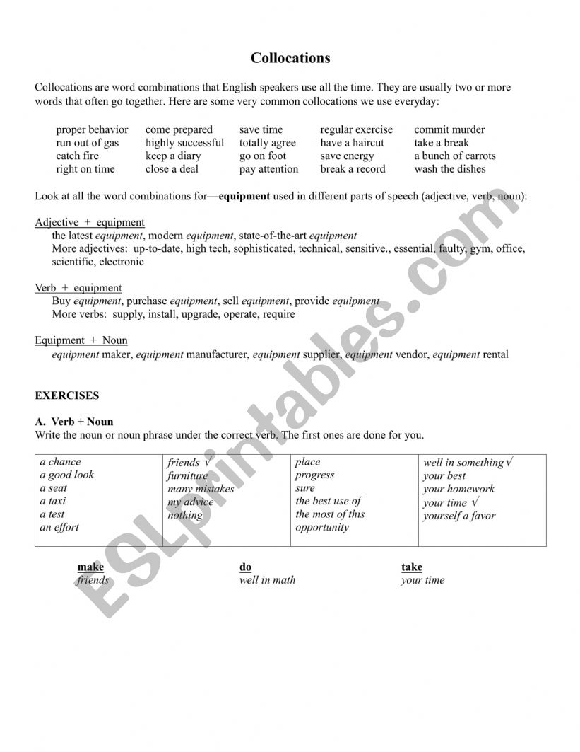 Collocations Exercise for ESL Students