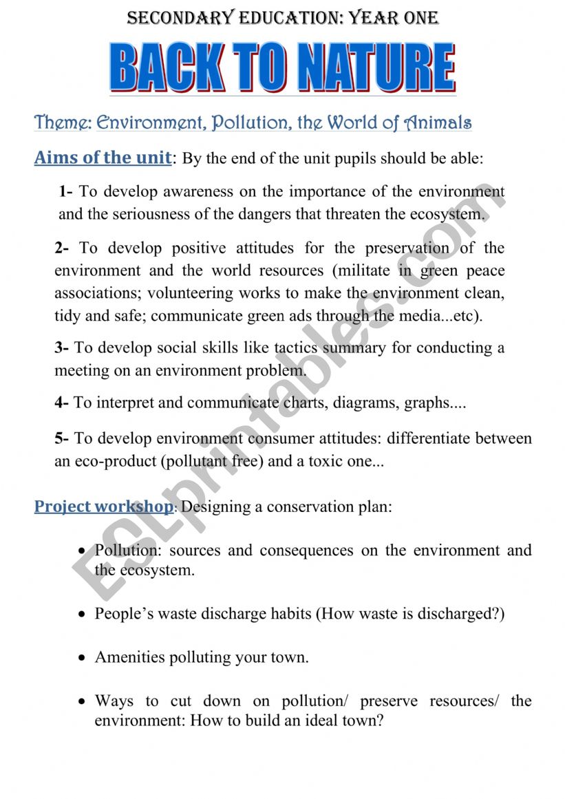 UNIT BACK TO NATURE worksheet