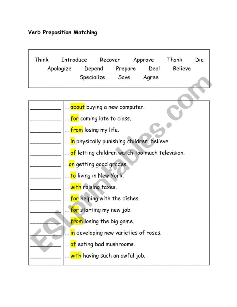 Verb Preposition Matching worksheet