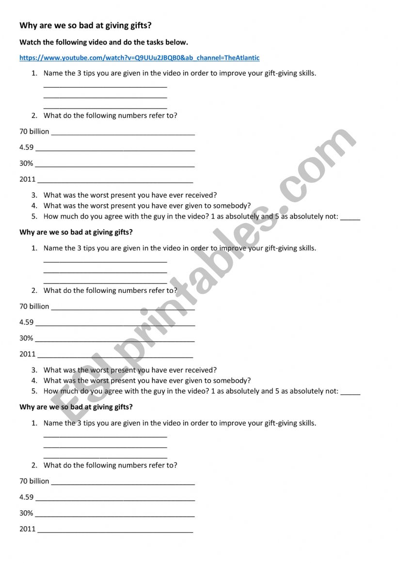 Gift giving tips worksheet