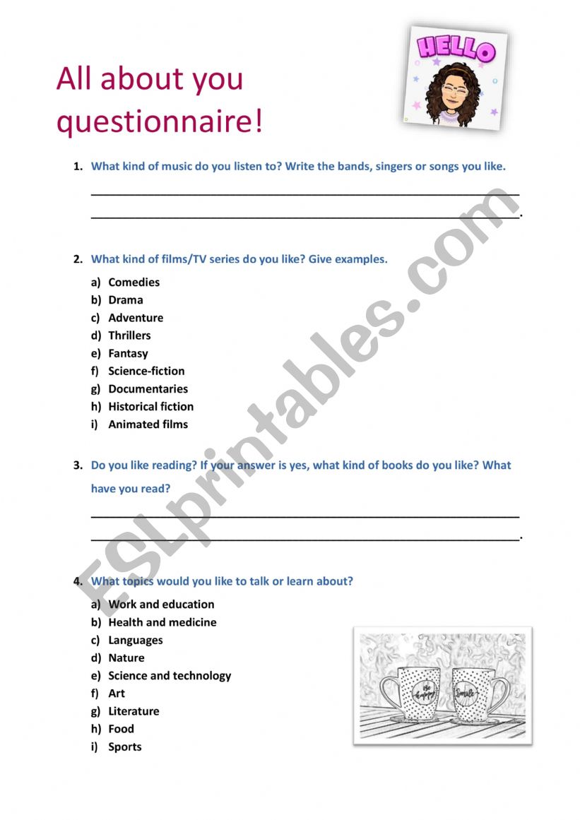 All about you questionnaire worksheet