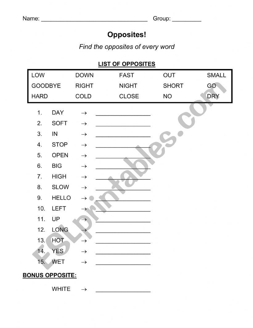 Opposites worksheet