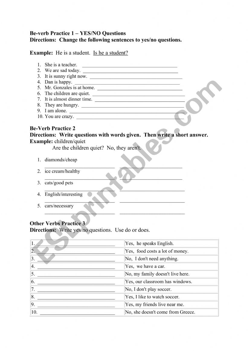 Yes or No questions worksheet