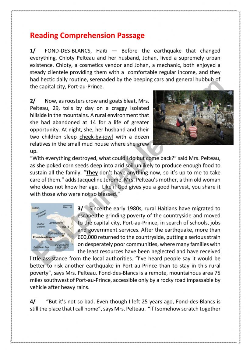 Haiti Earthquake Reading Comprehension