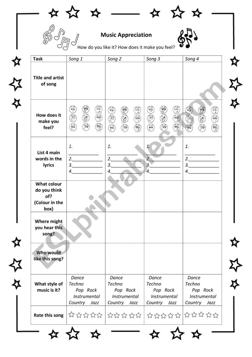 Music Appreciation Table worksheet