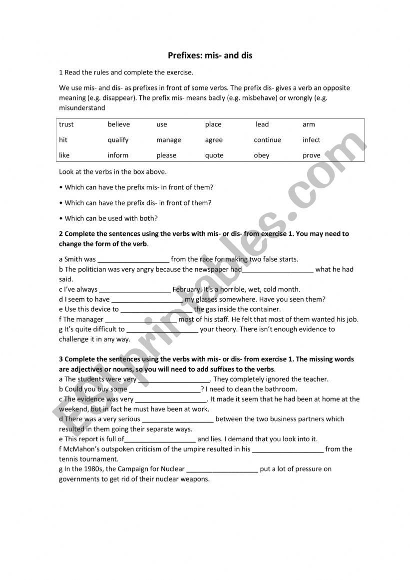 PREFFIXES MIS- AND DIS-  worksheet