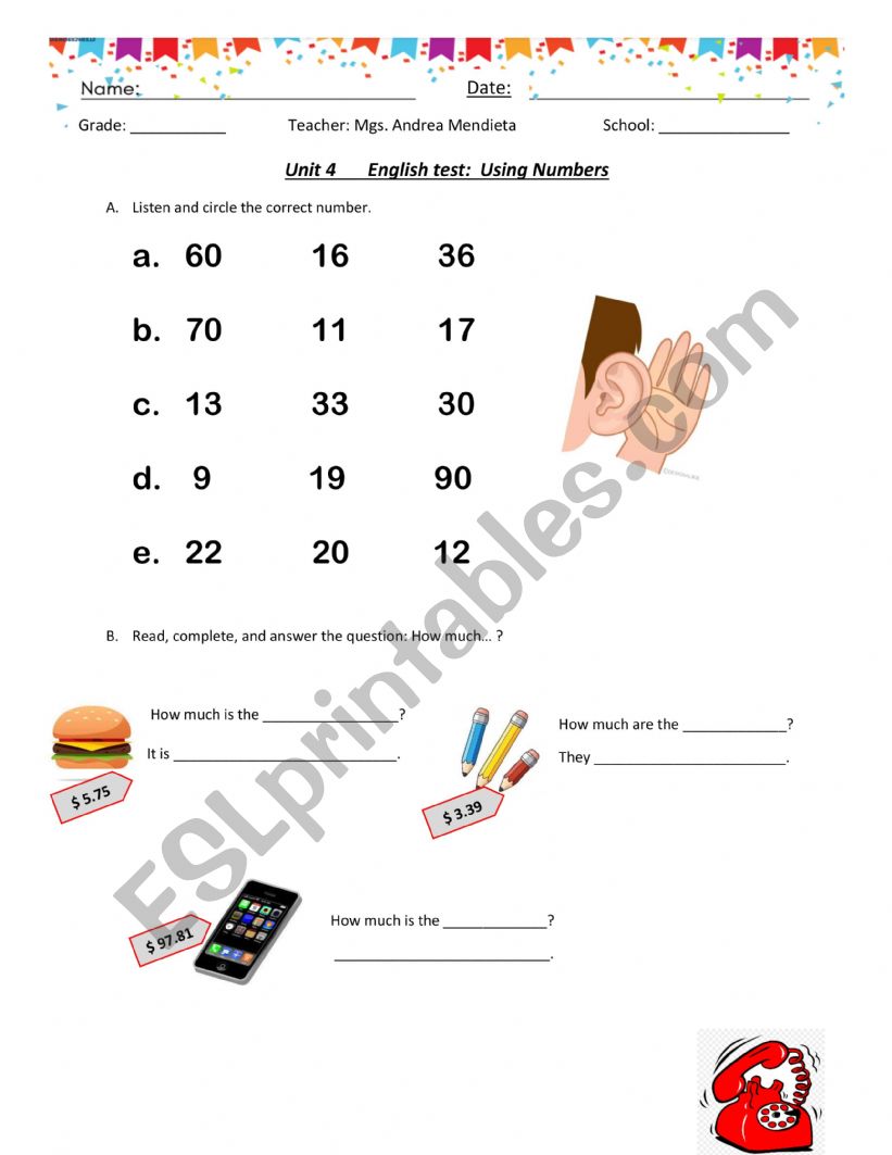 NUMBERS ACTIVITY TEST  worksheet