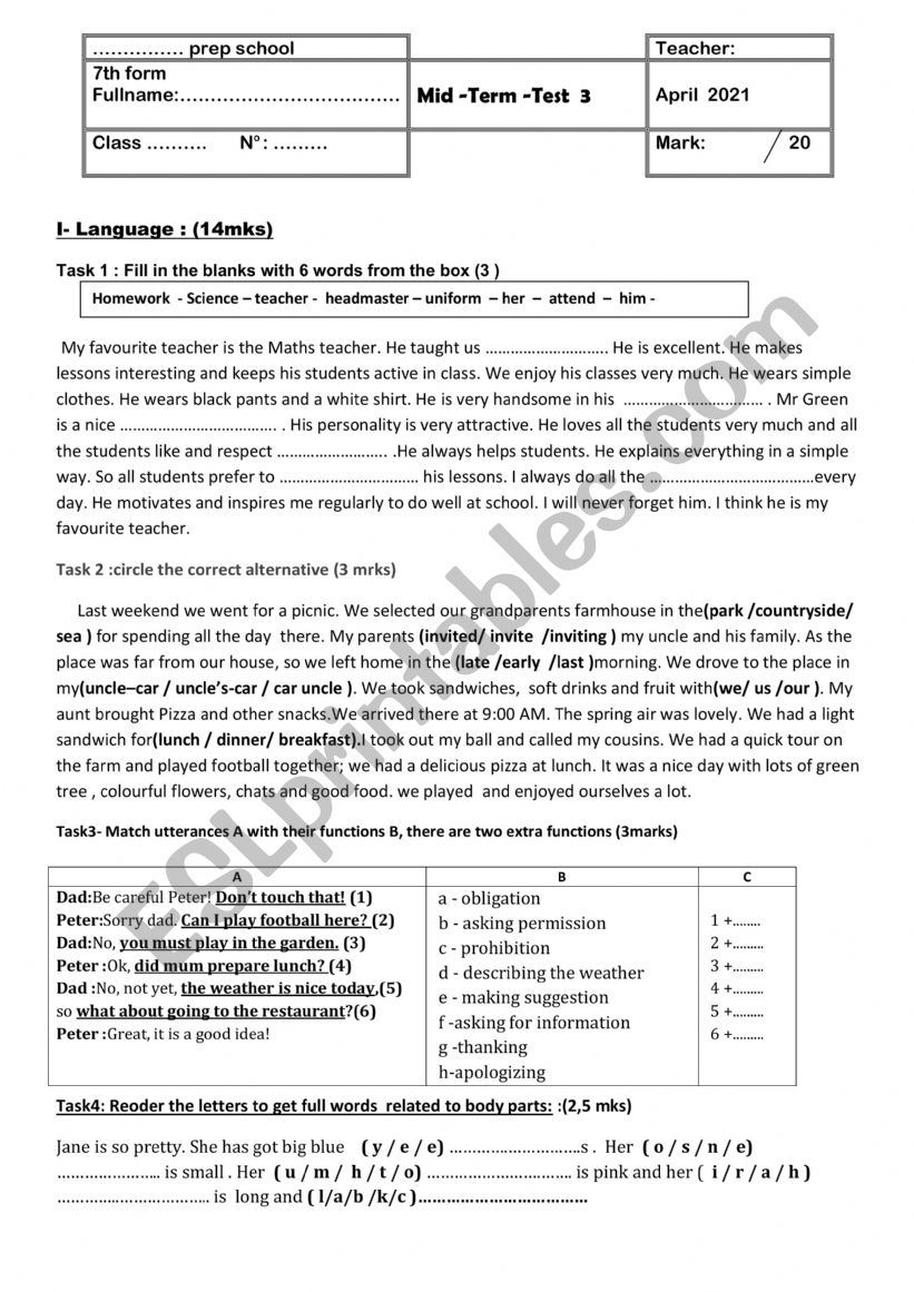 mid term 3 test 7 th form worksheet