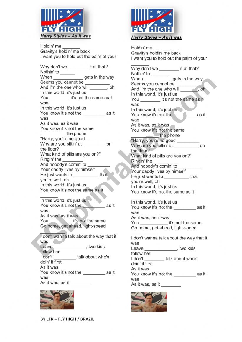 As it was (Harry styles) worksheet