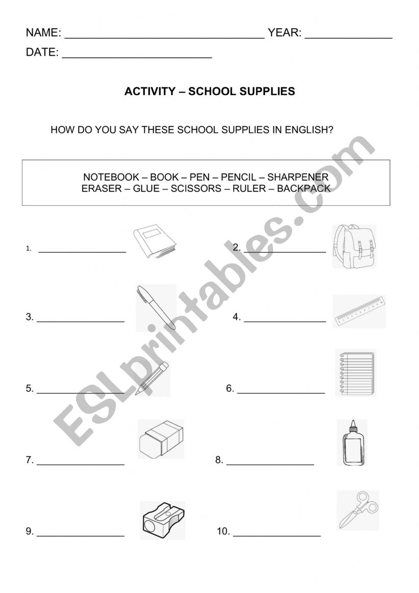 school supplies worksheet