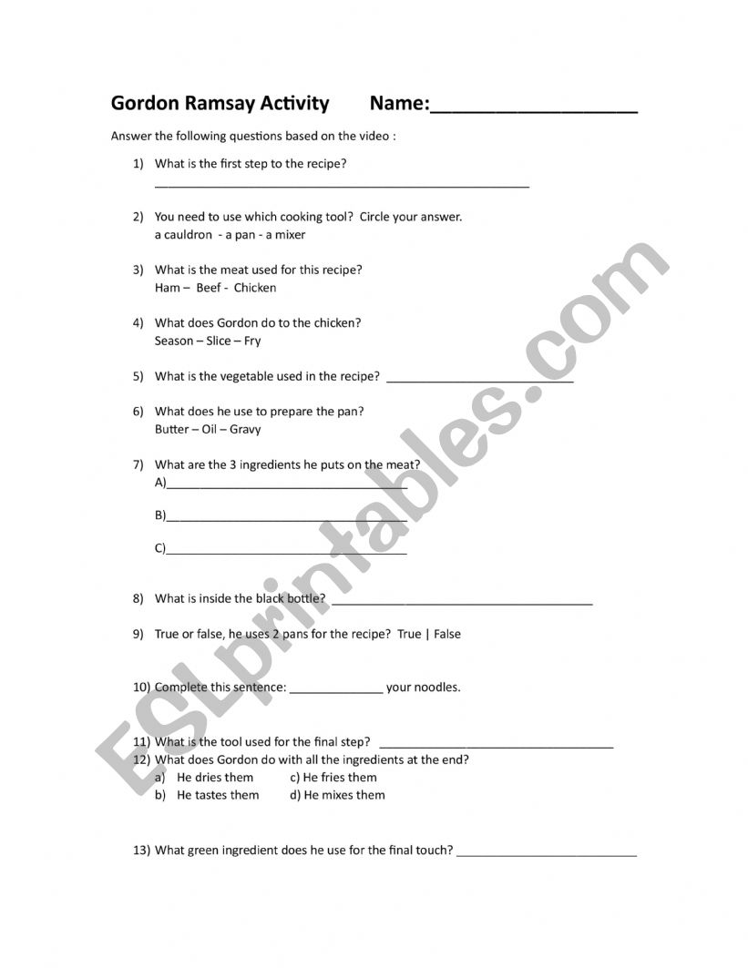 Gordon Ramsey Questionnaire worksheet