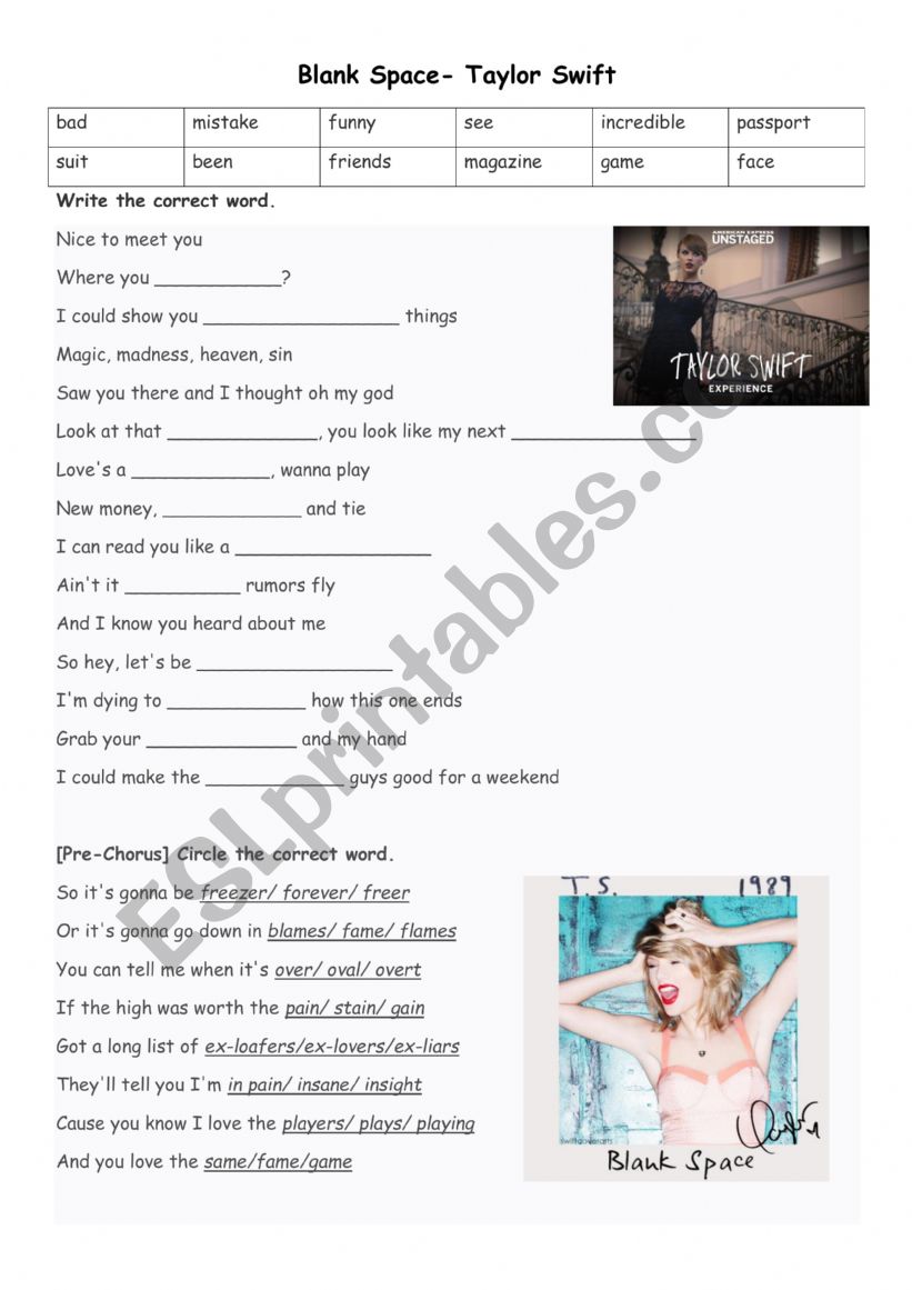 blank space by taylor swift worksheet