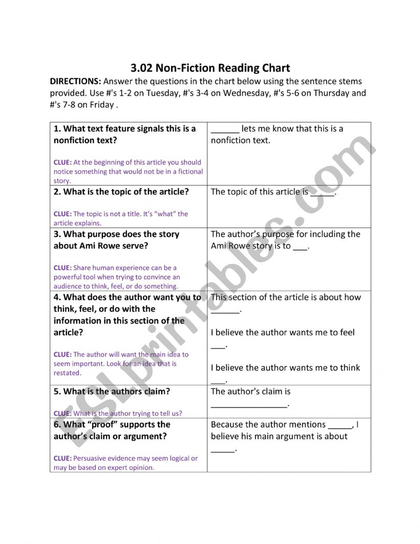 Non-fiction text Questions- Adaptable to any article