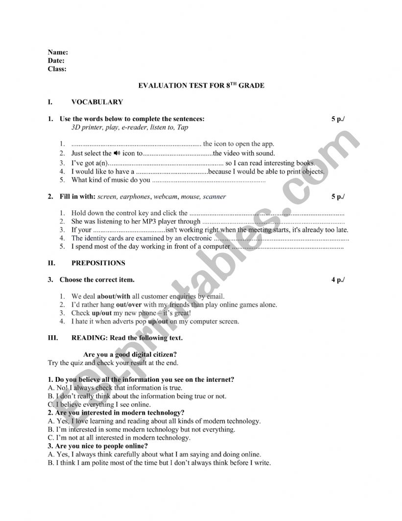 Evaluation test worksheet