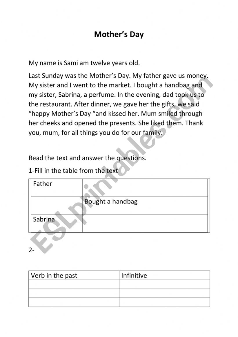 Mother�s Day worksheet