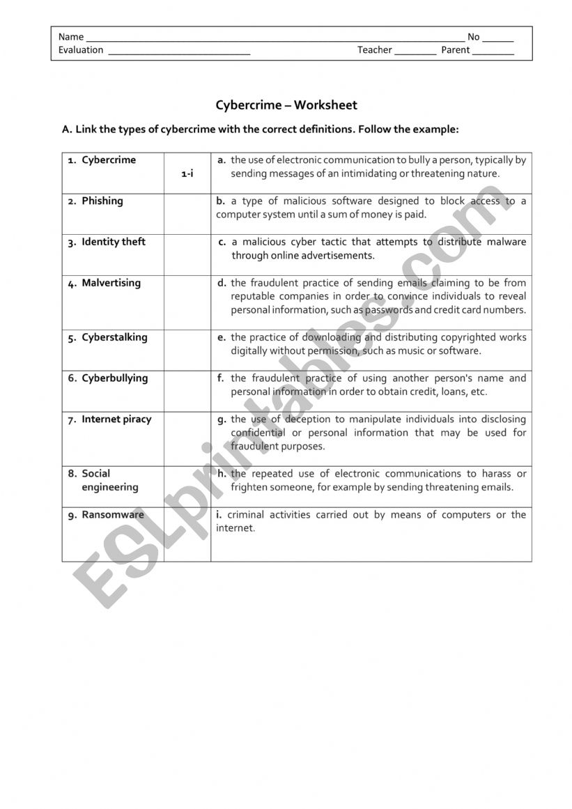 Cybercrime - worksheet worksheet