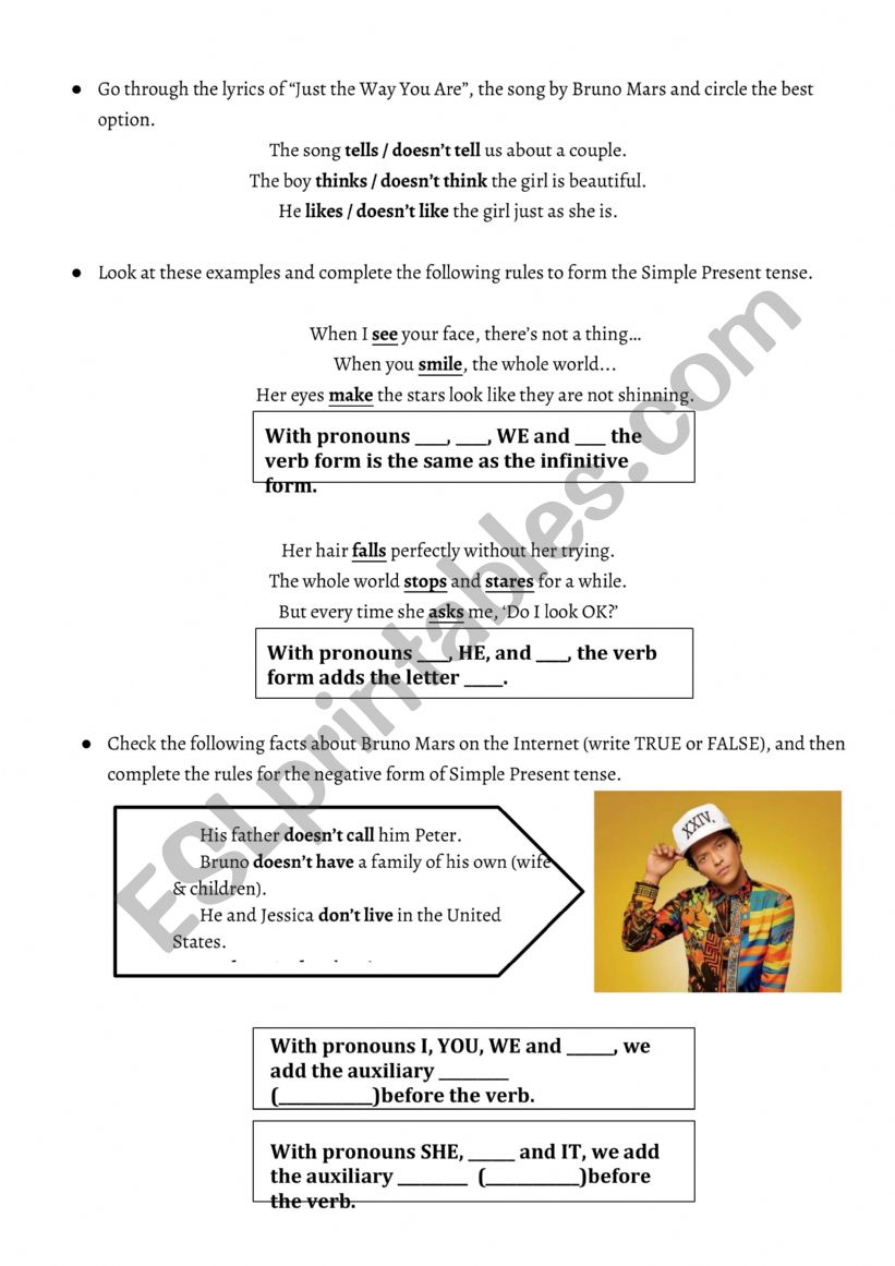 Present Simple. Bruno Mars worksheet