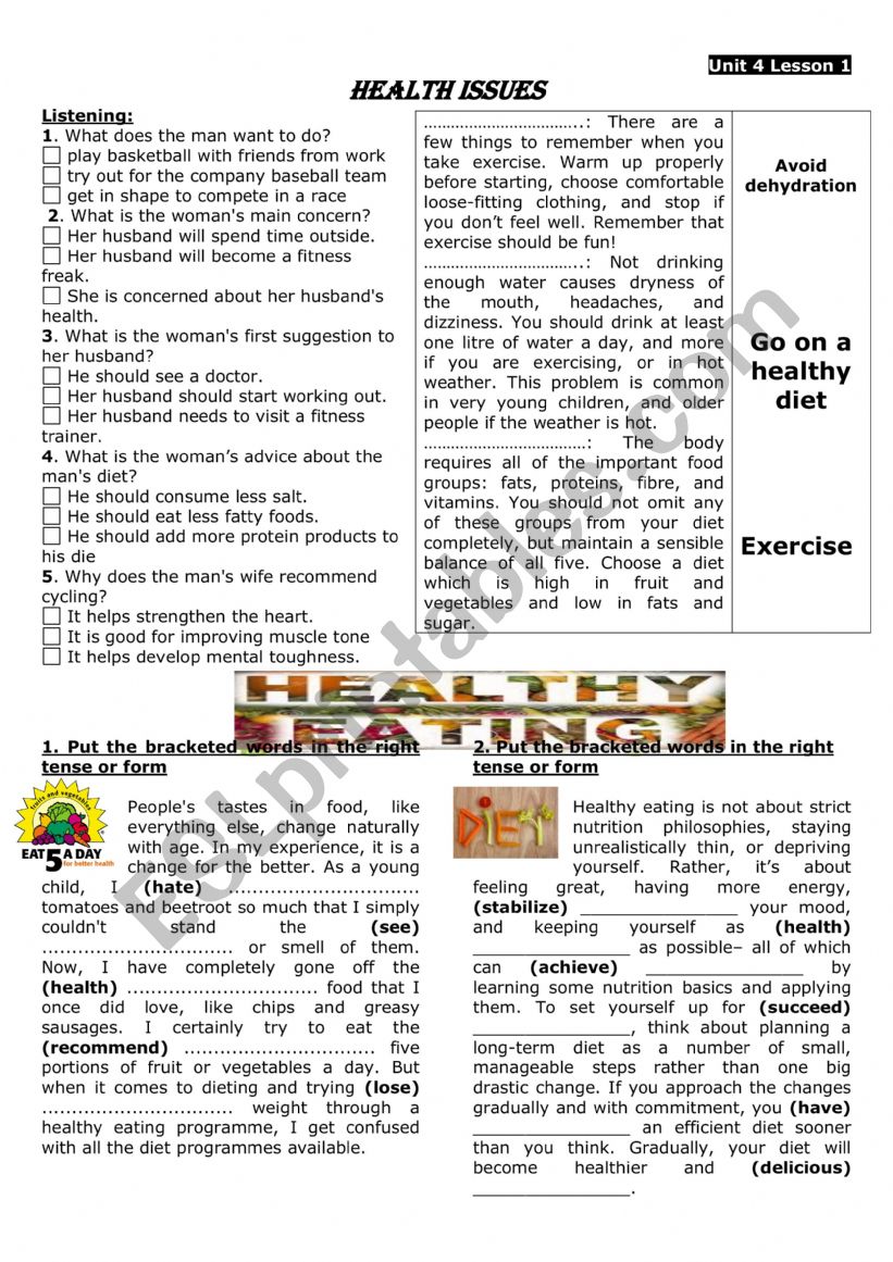 Health issues worksheet