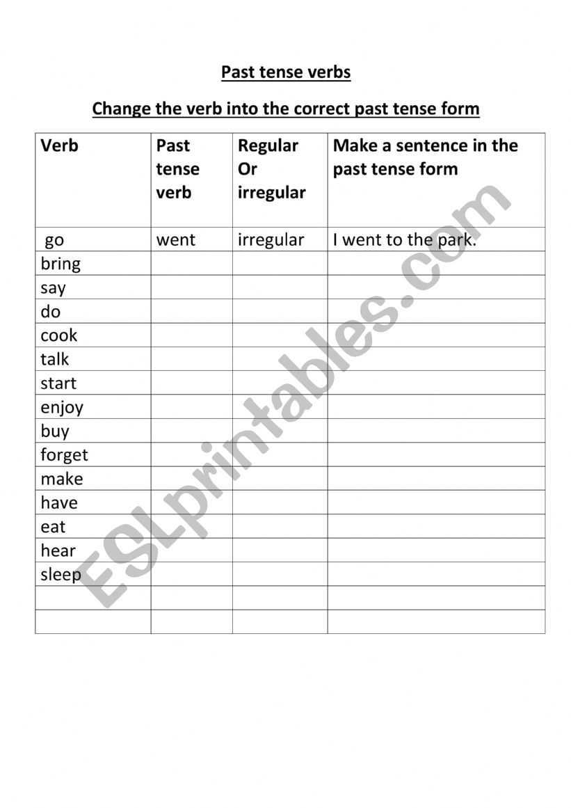 Past tense verbs worksheet
