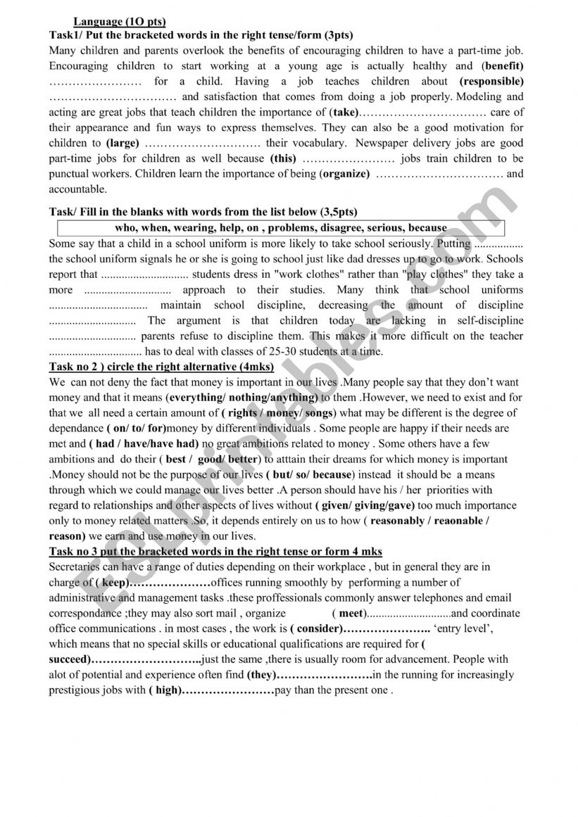 consolidation tasks  worksheet