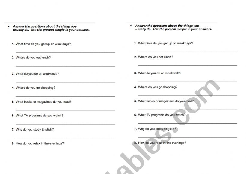 Present Simple Speaking Sheet worksheet