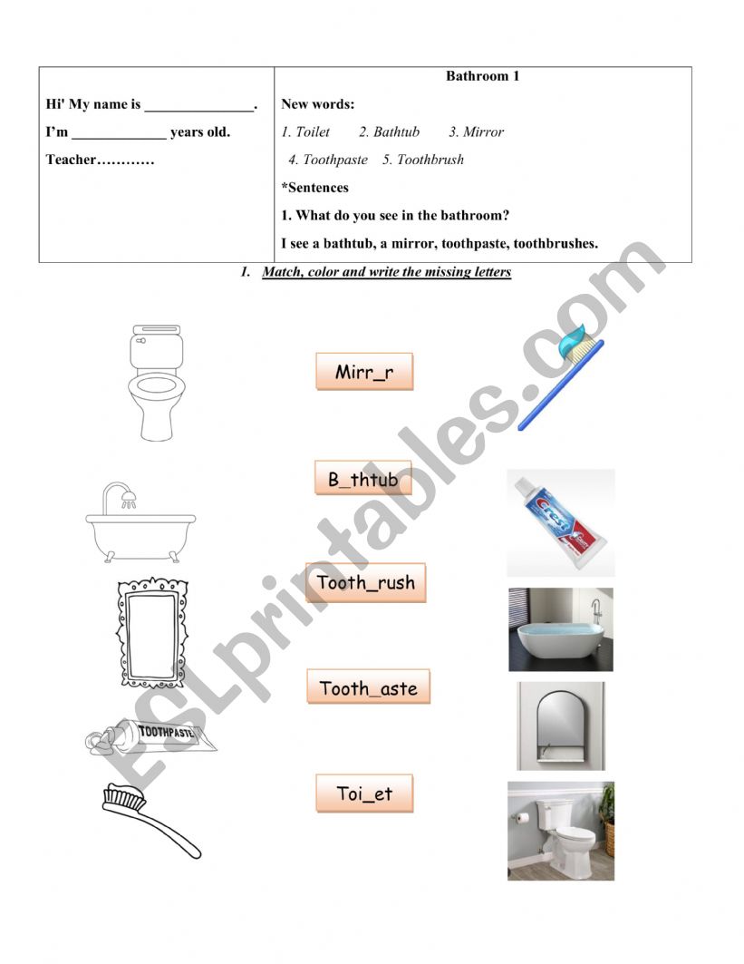 bathroom vocabulary  worksheet