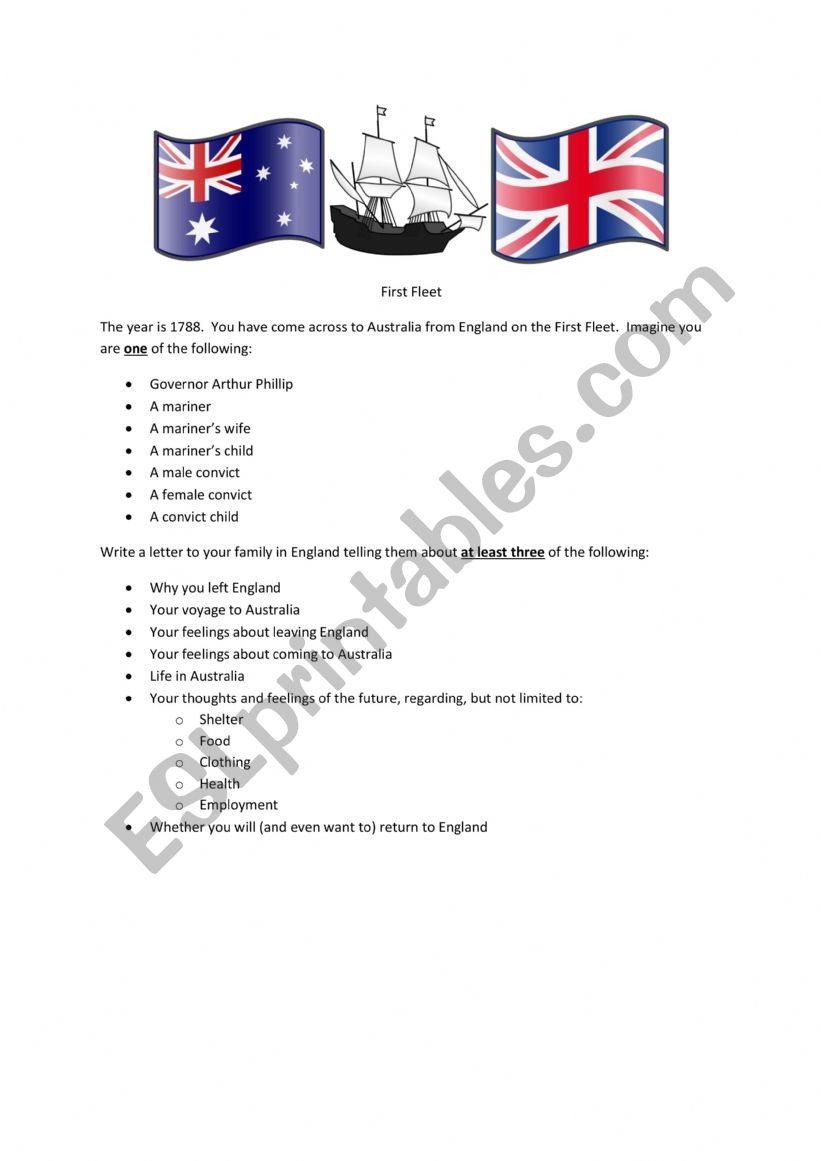 First Fleet Letter worksheet